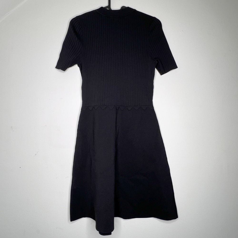 Sandro Black Ribbed Knit Short Sleeve A-Line Dress Gold Button Detail Size 36 - Picture 7 of 14